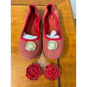 3 Piece Lot Lindsay Phillips Red Gold Fabric Ballet Flats Clips Rosette Gold